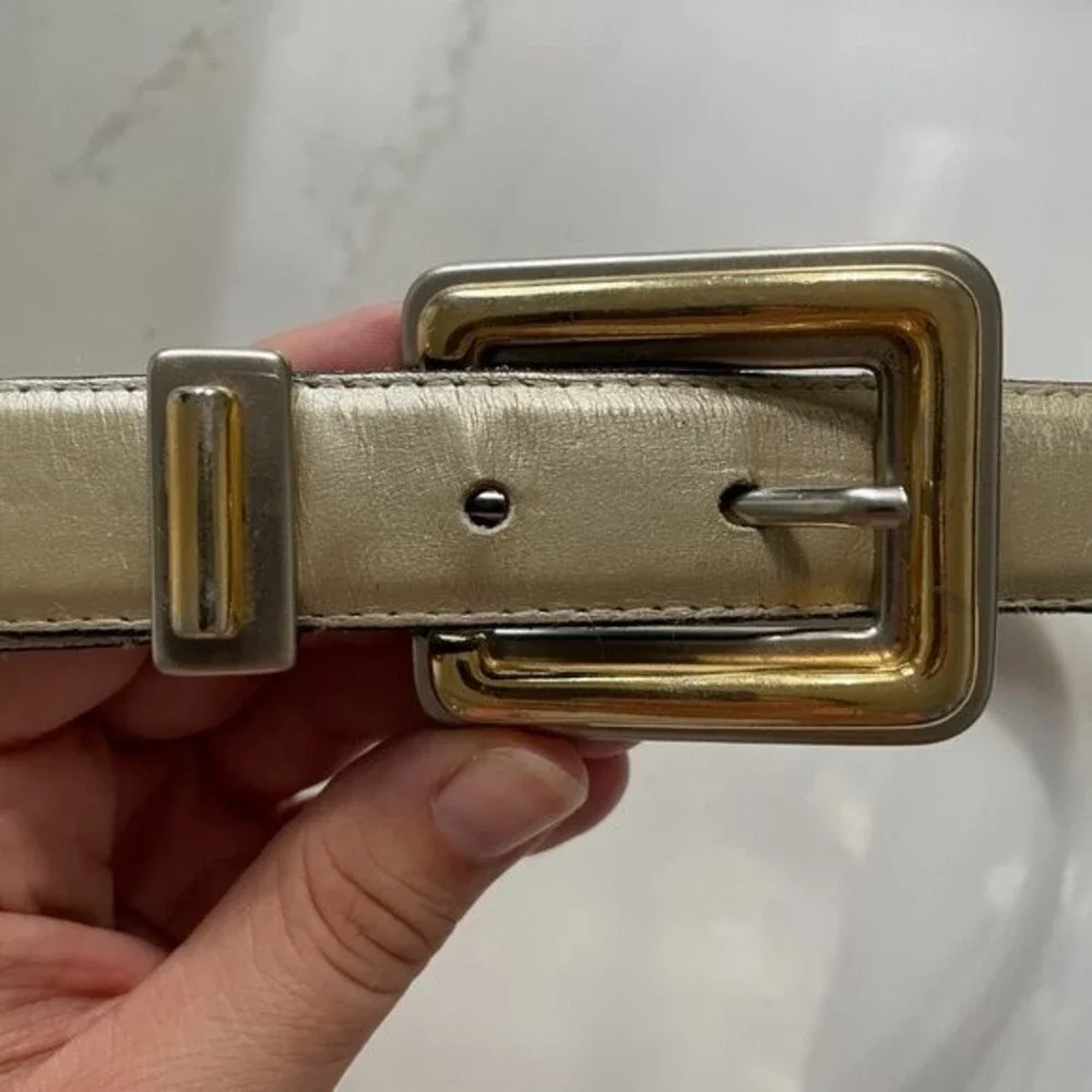 Vintage Creamy Metallic Leather Belt Mixed Metals Gold Silver Buckle - Small